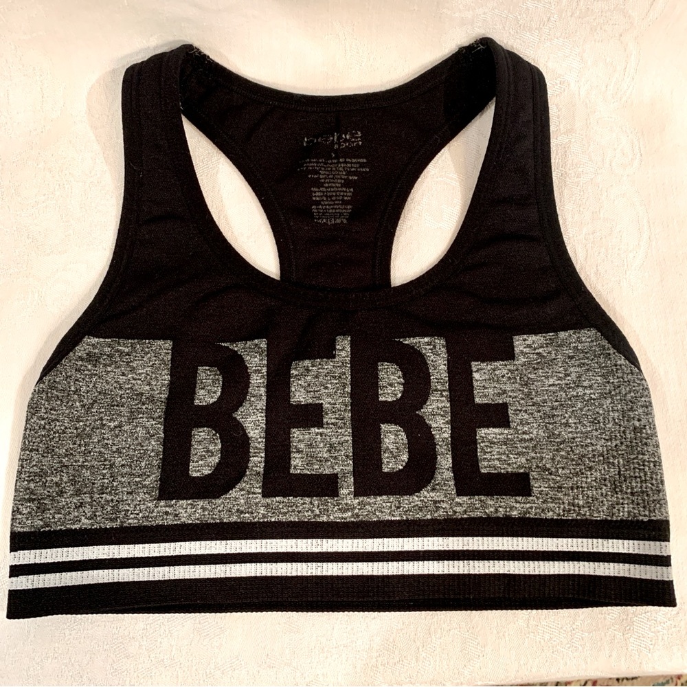 BEBE Active Sport Racerback Sports Bra Yoga Gym Exercise Black/Gray Size Small